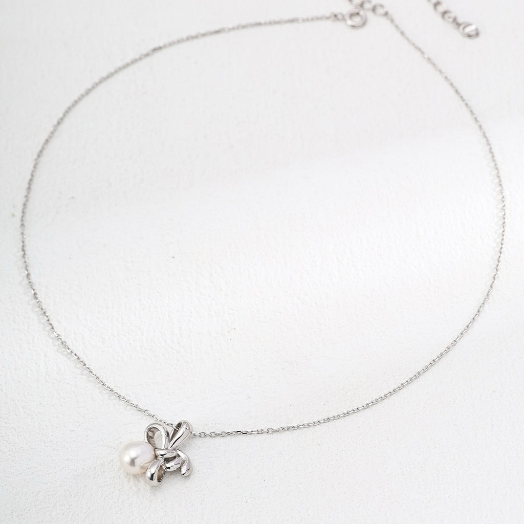 S925 Sterling Silver Eternal Love Bow Pearl Pendant Necklace - DOROTHEA JEWELS
