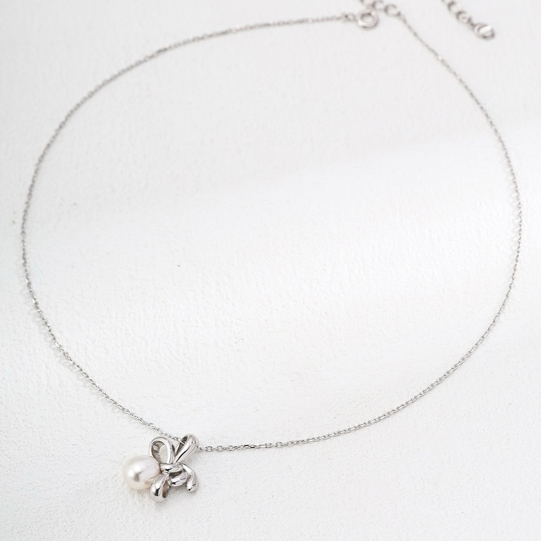 S925 Sterling Silver Eternal Love Bow Pearl Pendant Necklace - DOROTHEA JEWELS