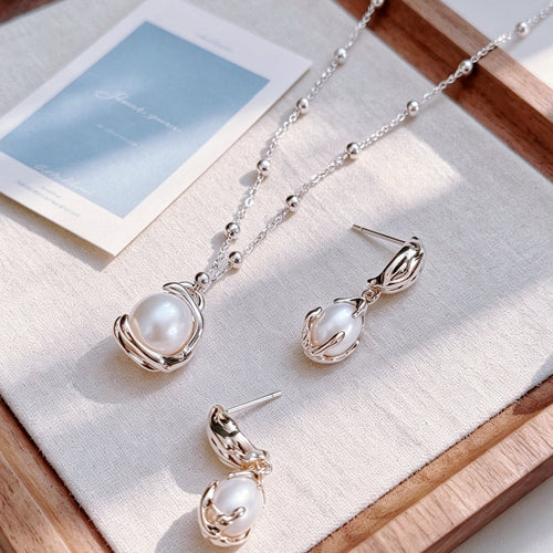 S925 Silver Abstract Pearl Pendant Necklace & Drop Earrings - DOROTHEA JEWELS