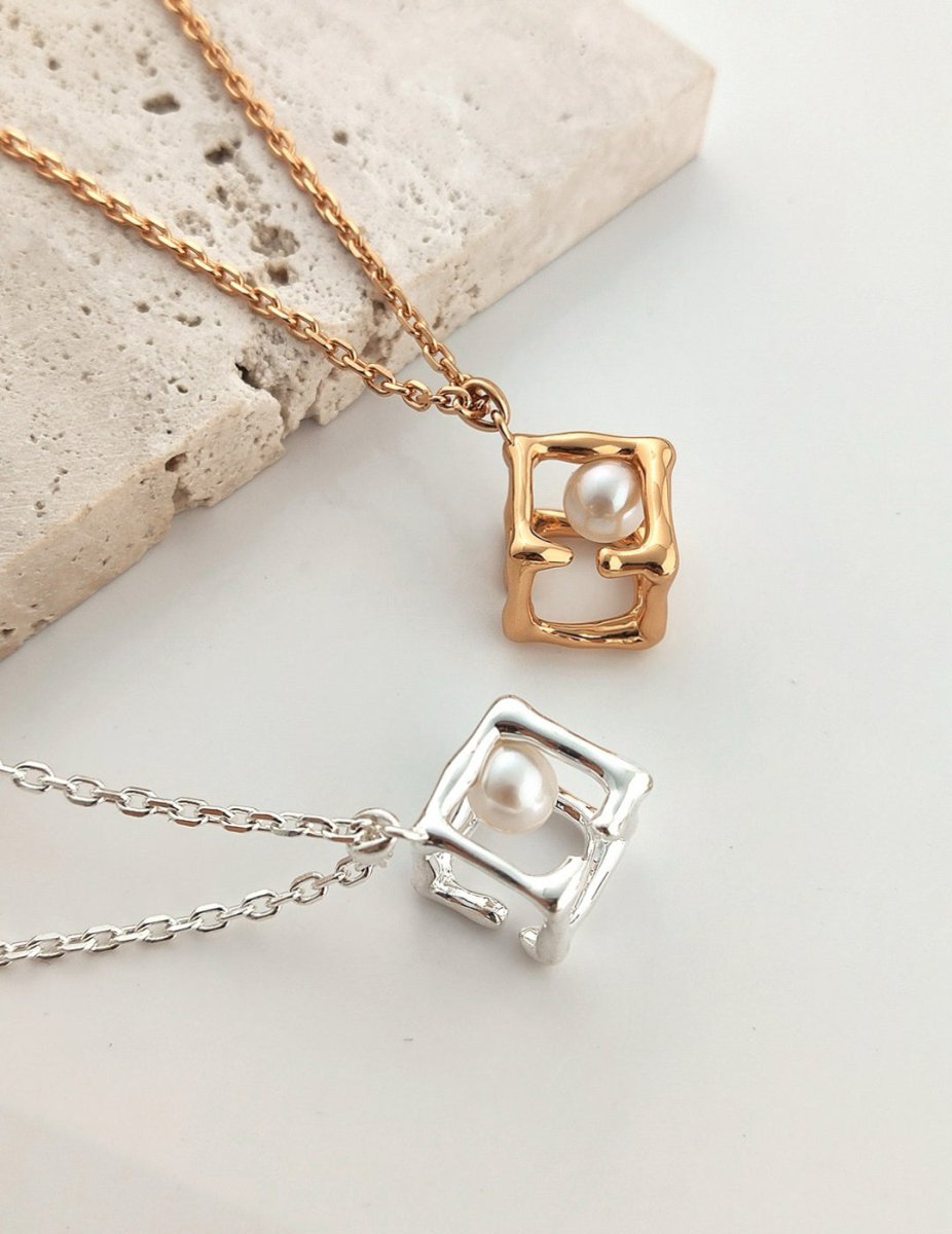 3D Geometric Cube Natural Pearl Pendant Necklace - DOROTHEA JEWELS
