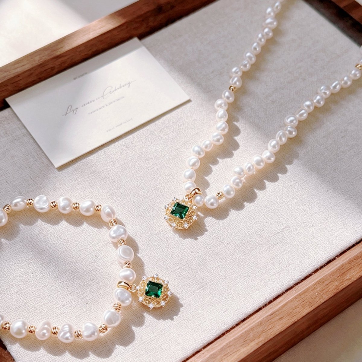 Vintage Emerald CZ & Natural Pearl Pendant Necklace/ Bracelet - DOROTHEA JEWELS