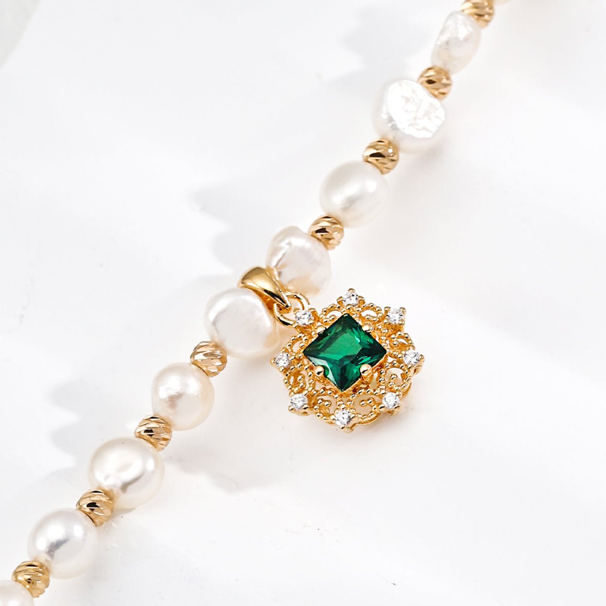 Vintage Emerald CZ & Natural Pearl Pendant Necklace/ Bracelet - DOROTHEA JEWELS
