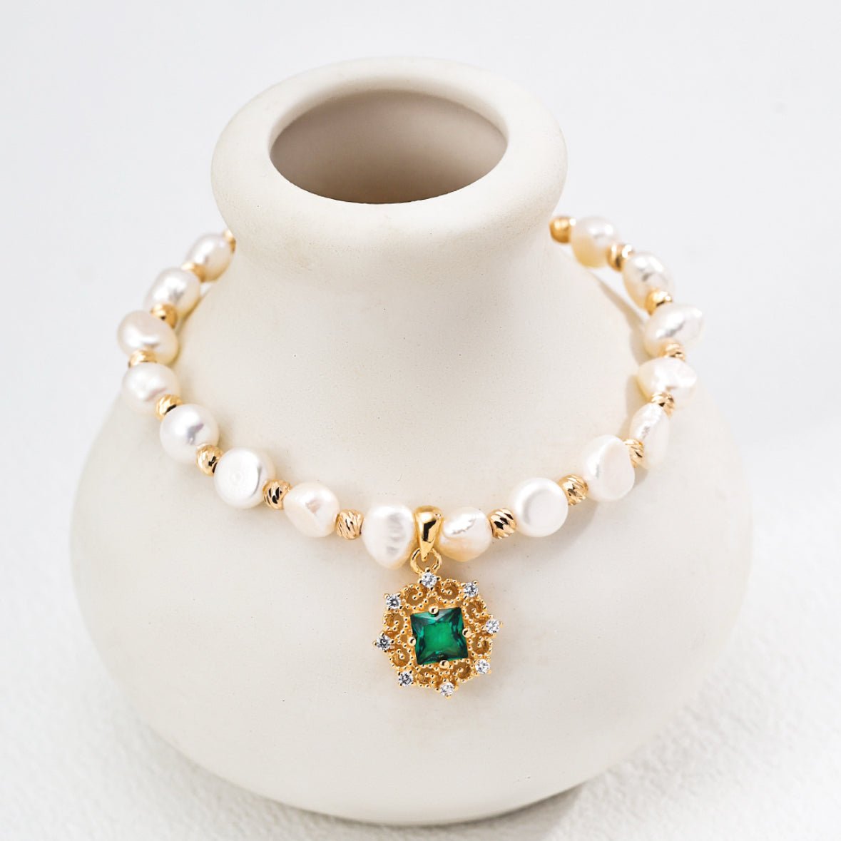 Vintage Emerald CZ & Natural Pearl Pendant Necklace/ Bracelet - DOROTHEA JEWELS