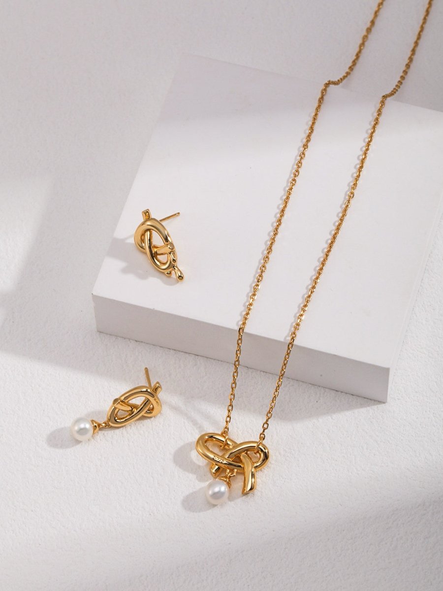 Heart Bow Knot Collection Sterling Silver Pearl Necklace/ Earrings - DOROTHEA JEWELS