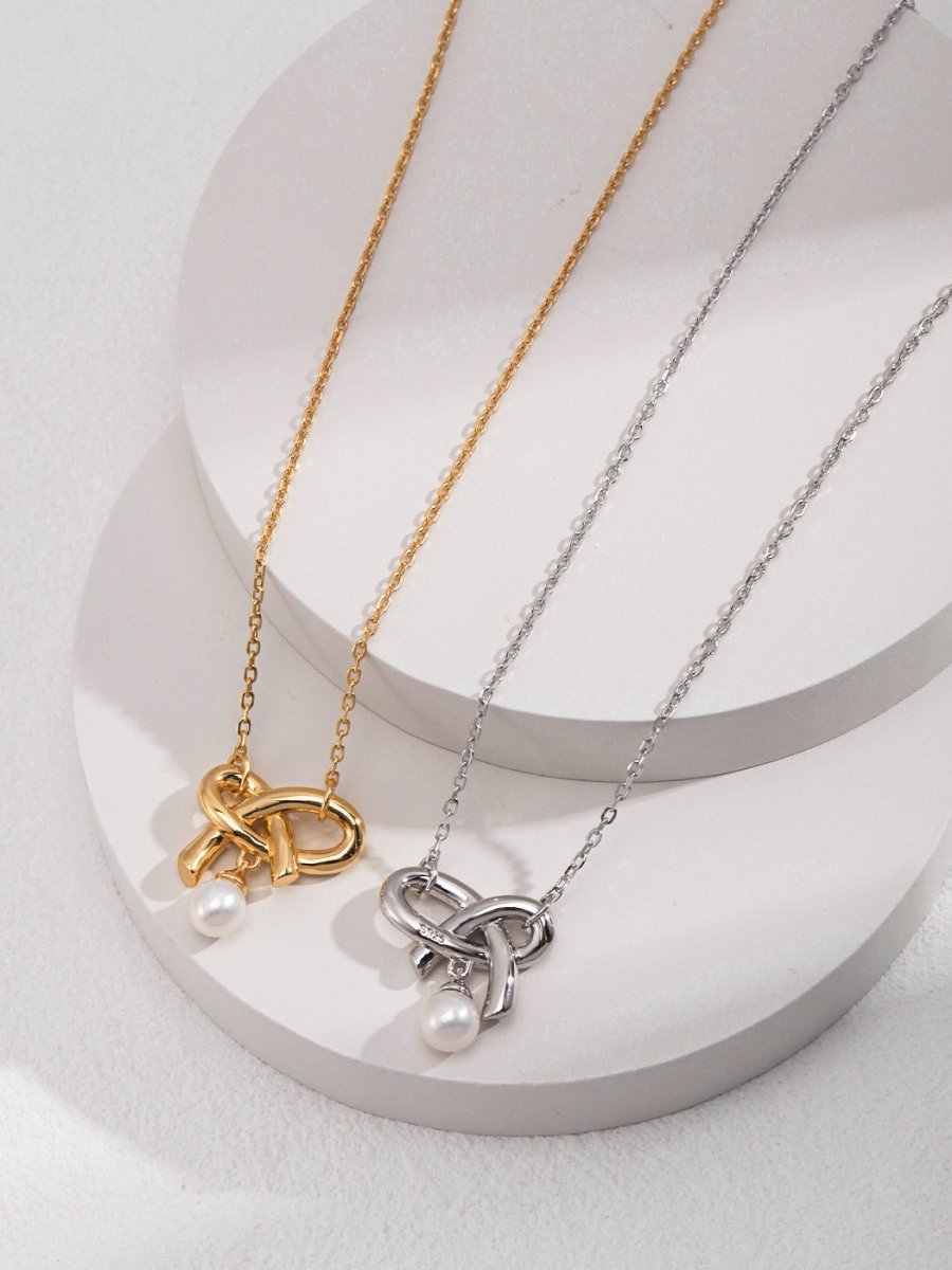 Heart Bow Knot Collection Sterling Silver Pearl Necklace/ Earrings - DOROTHEA JEWELS