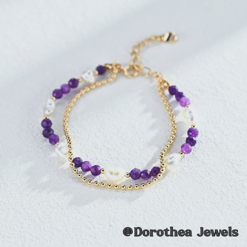 【Dorothea】Twilight Bloom Amethyst & Baroque Pearl Layered Bracelet