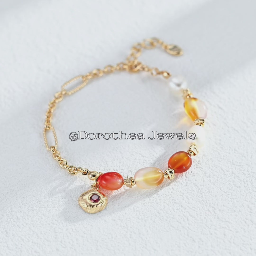 【Dorothea】New Chinese Carnelian & Pearl S925 Silver Bracelet
