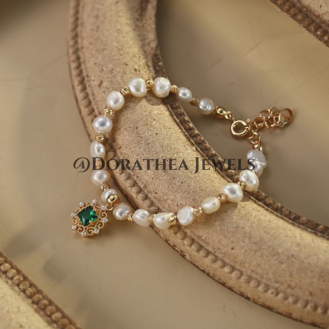【Dorothea】Vintage Emerald CZ & Natural Pearl S925 Silver Jewelry Set